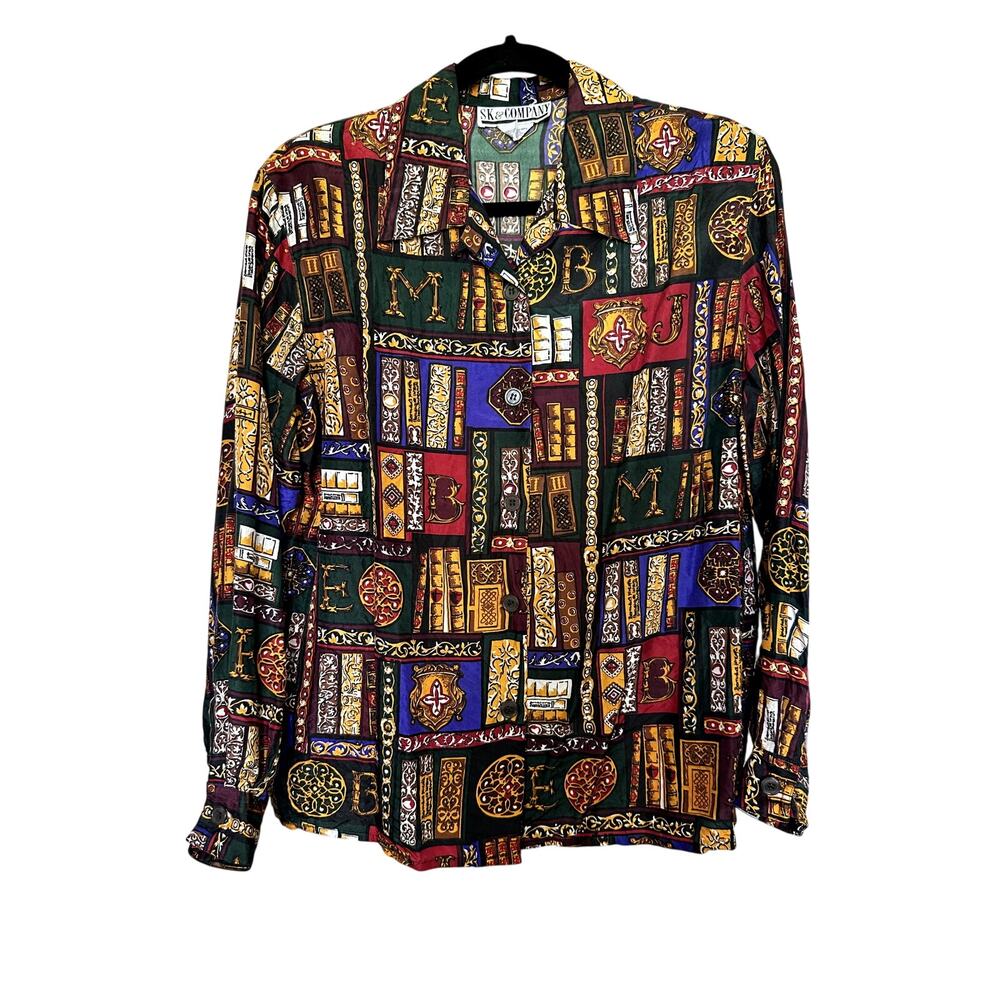 Vintage SK & Company Silk Library Letter Block Long Sleeve Button Top Top 6
